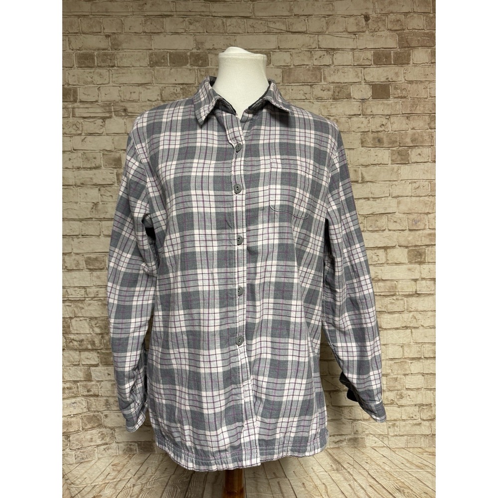 L.L.Bean Womens Plaid Fleece Lined Flannel Shirt Jacket Gray Purple‎ M